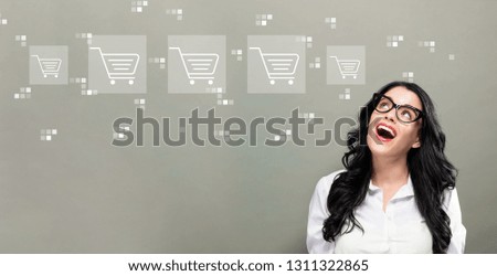 Online shopping theme with young businesswoman in a thoughtful face 