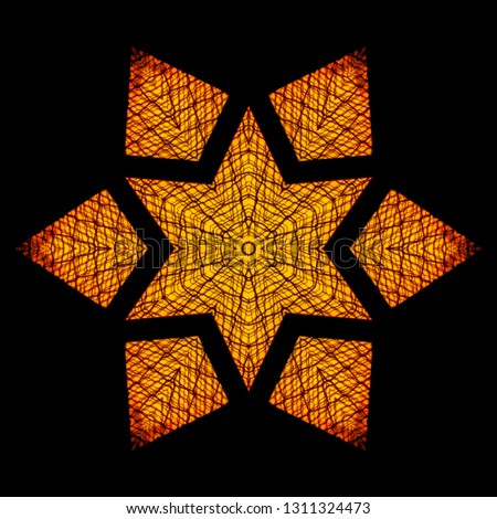 Abstract star made from a chain link fence at sunset. Geometric kaleidoscope pattern on mirrored axis of symmetry reflection. Colorful shapes as a wallpaper for advertising background or backdrop.