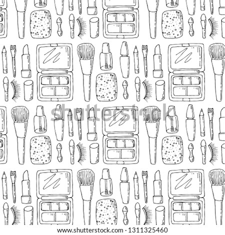 Hand drawn beauty, make up, cosmetic doodles, isolated vector illustrations on a white background.