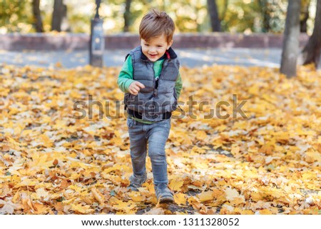 A cute little boy having fun in the park in autumn