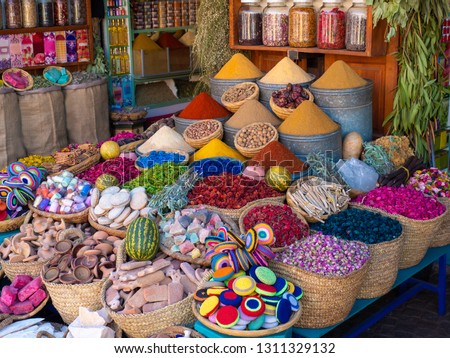 Species, flowers and soaps in street market of Marrakech, Morocco