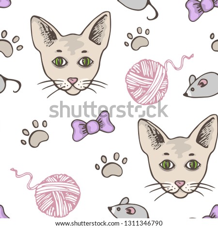 Seamless pattern with cute domestic cat and pet toys. Hand drawn vector background with animals