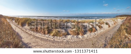 Island of Hiddensee, off the Baltic coast of Northern Germany, panoramic image of bikeway and seaside dunes