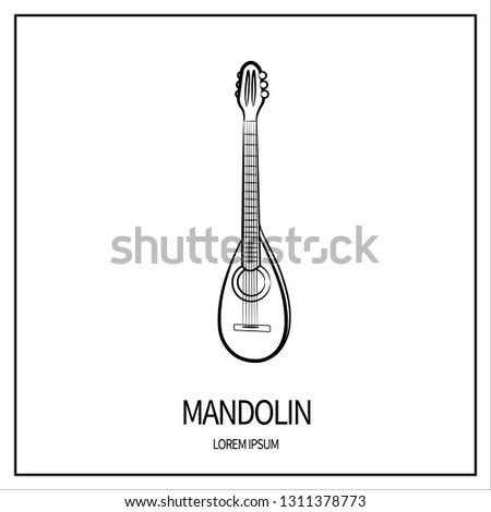 Mandolin guitar stringed instrument. Linear icon isolated on white background. Outline. Banner with frame. Vector illustration
