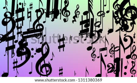 Disco Background. Black Musical Notes Symbol Falling on Hologram Background. Many Random Falling Notes, Bass and, G Clef. Disco Vector Template with Musical Symbols.