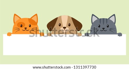 Cute cartoon dog and cats are holding an empty sign with place for your text