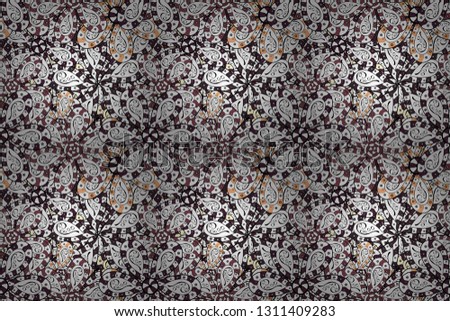 White, black and purple hand drawn pattern. Art inspiwhite, black and purple style flowers and leaves background. Doodle flowers seamless pattern. Raster pattern.