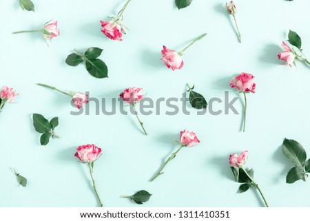 Flowers composition romantic. Pink rose flowers on pale pastel mint background. Valentine's Day, Easter, Birthday, Happy Women's Day. Flat lay, top view, copy space
