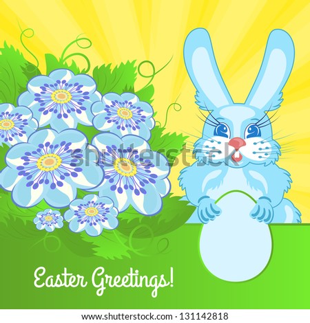 Easter card with blue flowers and a rabbit