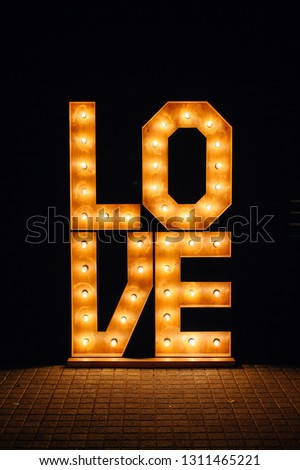 the word love of glowing light bulbs
