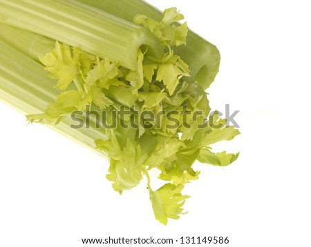 Close Up Image Of Fresh Healthy Low Calorie Ripe Crispy Green Celery Vegetable, Isolated On White With No People