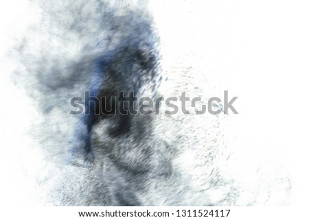 Freeze motion of black powder exploding on white background.