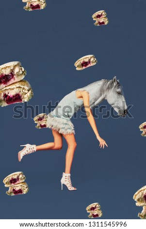 Contemporary art collage. Concept woman with horse head.
