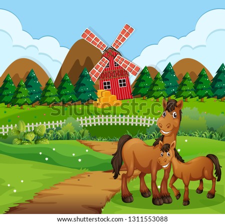 Horse at the farm landscape illustration