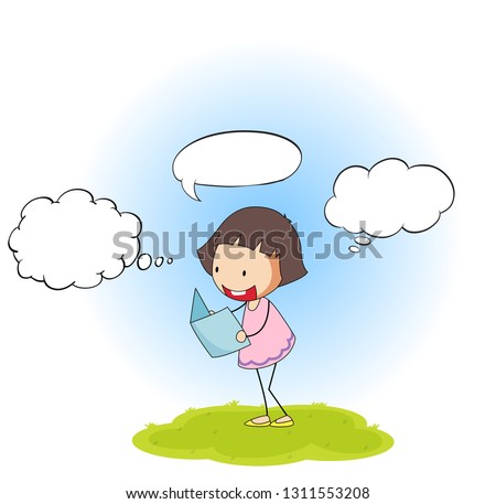 Happy girl rwading book with speech balloon illustration