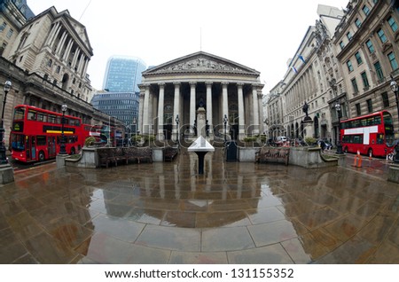 View of British financial heart, Bank of England and Royal Exchange. Shot made fisheye lens Royalty-Free Stock Photo #131155352