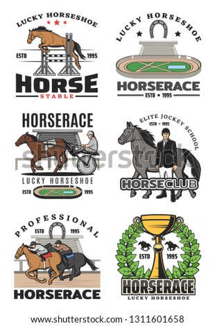 Horserace and equestrian sport isolated icons, jockey school. Vector racecourse and obstacles, equestrian on stallion and trophy cup with wreath, lucky horseshoe. Tournament competition with animals