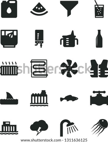 Solid Black Vector Icon Set - measuring cup for feeding vector, shower, heating coil, electronic boiler, storm cloud, small fish, a glass of soda, tea, slice water melon, marine propeller, valve