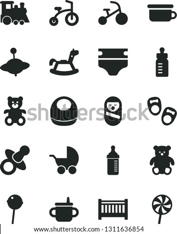 Solid Black Vector Icon Set - baby cot vector, dummy, mug for feeding, bottle, measuring, diaper, bib, stroller, roly poly doll, children's potty, teddy bear, small, train, yule, rocking horse