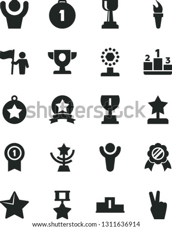 Solid Black Vector Icon Set - star vector, pedestal, flame torch, winner, prize, award, cup, gold, reward, medal, man hold flag, first place, with pennant, hero, ribbon, hands up, victory hand