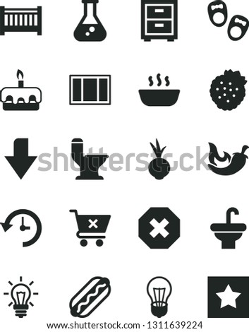 Solid Black Vector Icon Set - mark of injury vector, downward direction, bedside table, baby cot, shoes for little children, window frame, washbasin, comfortable toilet, crossed cart, Hot Dog, torte