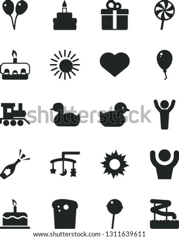 Solid Black Vector Icon Set - heart symbol vector, toys over the cradle, rubber duck, baby duckling, toy train, colored air balloons, balloon, gift, cake, Easter, torte, birthday, Chupa Chups, sun