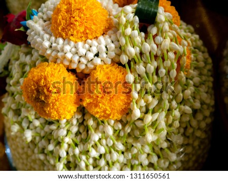 The Garlands in The Pile of Jasmines with Marigold to Worship The Buddha