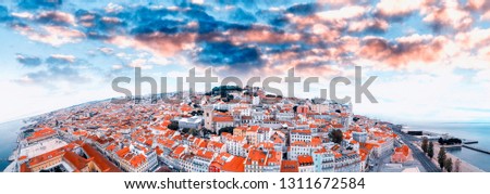 Panoramic sunset aerial view of Lisbon - Portugal.
