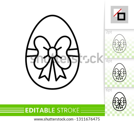 Easter egg with bow ribbon thin line icon. Holiday poster. Spring banner in flat style. Simple illustration, outline symbol. Linear pictogram. Vector sign isolated. Editable stroke icon without fill