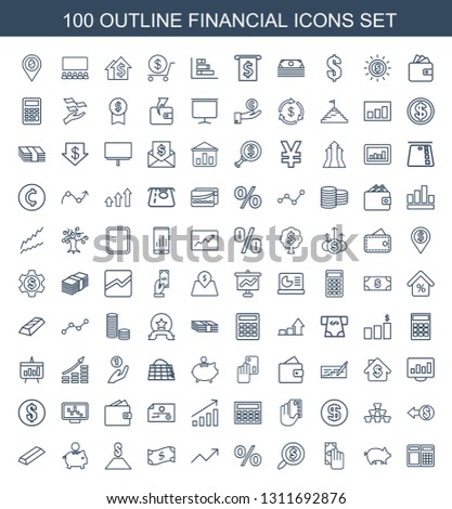 financial icons. Trendy 100 financial icons. Contain icons such as ATM, pig, cash payment, search dollar, percent, graph, crown, dollar, piggy bank. financial icon for web and mobile.