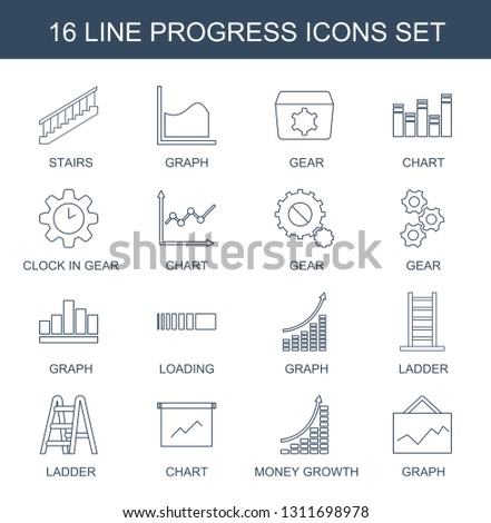 progress icons. Trendy 16 progress icons. Contain icons such as stairs, graph, gear, chart, clock in gear, loading, ladder, money growth. progress icon for web and mobile.