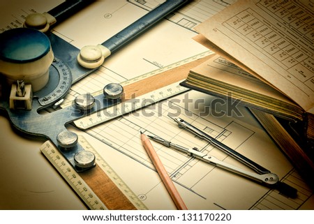 old drawing apparatus and instruments Royalty-Free Stock Photo #131170220