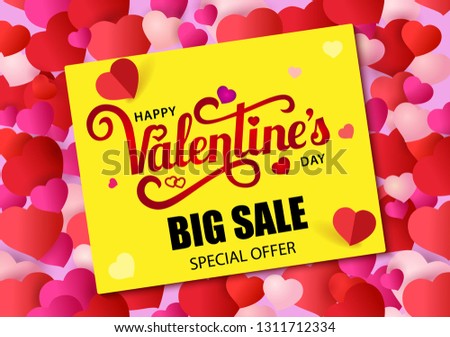 Design banner with lettering Happy Valentine's Day. Big sale special offer. Yellow paper on red background with small multicolored hearts. Vector illustration.