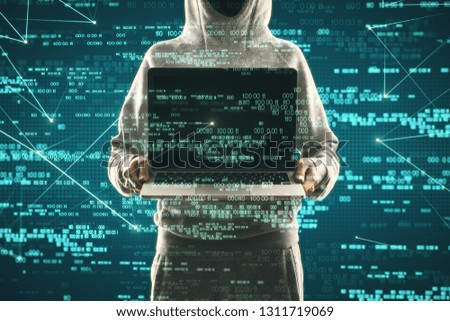 Hacker holding laptop with abstract blue digital number interface. Cyberspace and hacking concept. Double exposure 