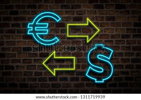 Neon sign with dollar and euro signs on brick wall background. Currency exchange concept.