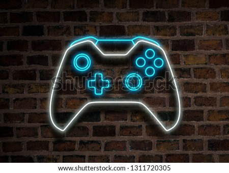 Joystick or Gamepad, Neon sign on a brick wall background. Computer games concept, tournament.
