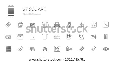 square icons set. Collection of square with beach towel, camcorder, rss feed, stationary bike, bus, grid, chocolate, tissue box, towel, dice. Editable and scalable square icons.