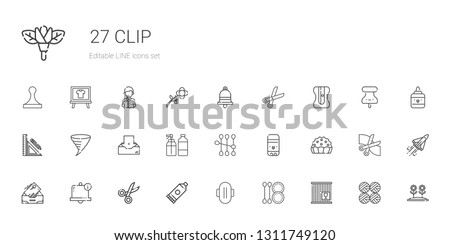 clip icons set. Collection of clip with crate, cotton swab, compress, glue, scissors, bell, inbox, pie, glue stick, spray, tornado, stationery. Editable and scalable clip icons.