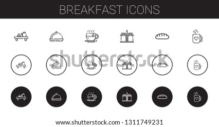 breakfast icons set. Collection of breakfast with tea, dinner, milk jar, bread, mug. Editable and scalable breakfast icons.