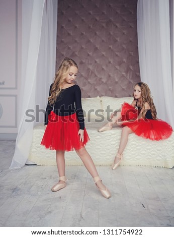 Two little girl in ballet studio. Classical dance school 