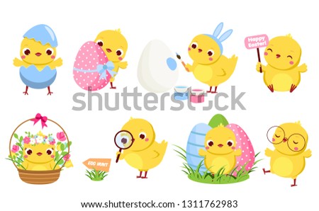 Cute Easter chickens set. Cartoon chicks in different poses with eggs and flowers having fun. Isolated characters clip art for Easter design