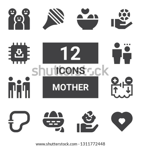 mother icon set. Collection of 12 filled mother icons included Pregnancy, Child, Nest, Circuit, Electrical circuit, Family, Nasal aspirator, Chips, Chip