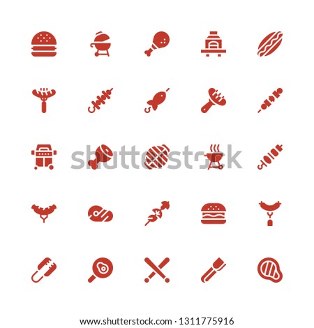 grilled icon set. Collection of 25 filled grilled icons included Meat, Tongs, Drumsticks, Fried egg, Sausage, Hamburguer, Skewer, Brochette, Grill, Ham leg, Hotdog, Barbecue, Chicken leg