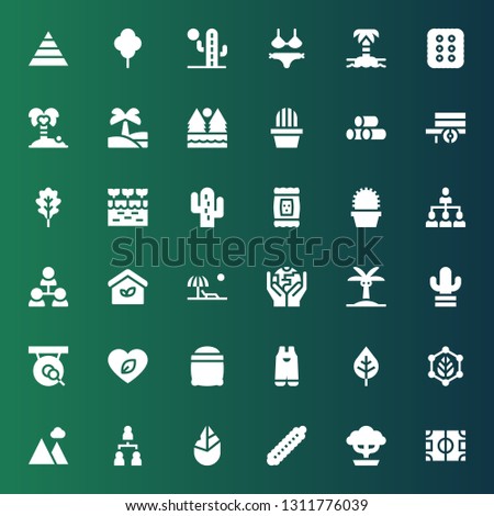 tree icon set. Collection of 36 filled tree icons included Field, Bonsai, Caterpillar, Hand axe, Hierarchical structure, Landscape, Leaf, Gardening, Seeds, Gong, Cactus, Palm tree