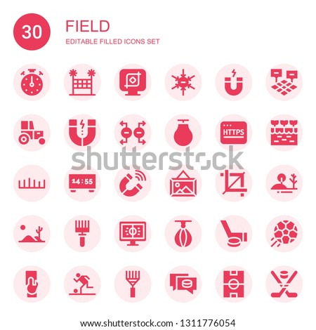 field icon set. Collection of 30 filled field icons included Stopclock, Volleyball net, Crop, Negative ion, Magnet, Tractor, Punching ball, Https, Grass, Scoreboard, Landscape