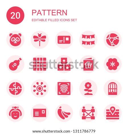 pattern icon set. Collection of 20 filled pattern icons included Panda, Dragonfly, Postcard, Garland, Network, Acoustic guitar, Mat, Shapes, Flower, Puzzle, Fingerprint scan, Bird cage