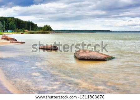 Lake shore with trees, sandy beach with stones in front of a thunderstorm.