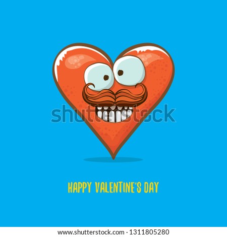 Vector Valentines day greeting card with funny cartoon heart character isolated on blue background. Conceptual valentines day comic funky kids poster or banner
