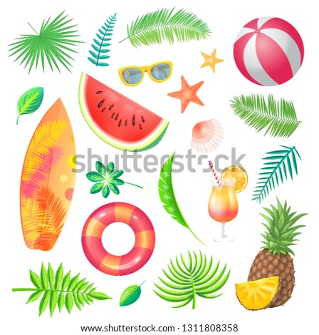 Summer watermelon slice fruit icons vector. Palm leaves and branches, lifebuoy and surfing board, pineapple and cocktail. Ball and shell, sunglasses