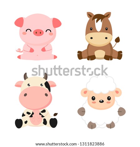 Cute farm animals cow, pig, sheep and horse. Vector illustration.